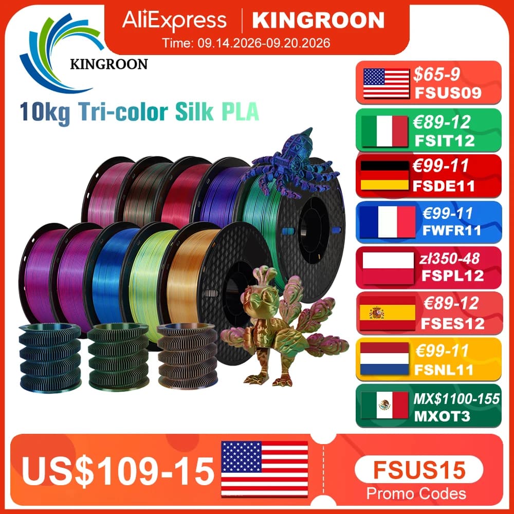 KINGROON Silk Tri-color PLA Filament 3D Printer 1.75mm 1KG/roll  Silk PLA Filament Plastic Mate