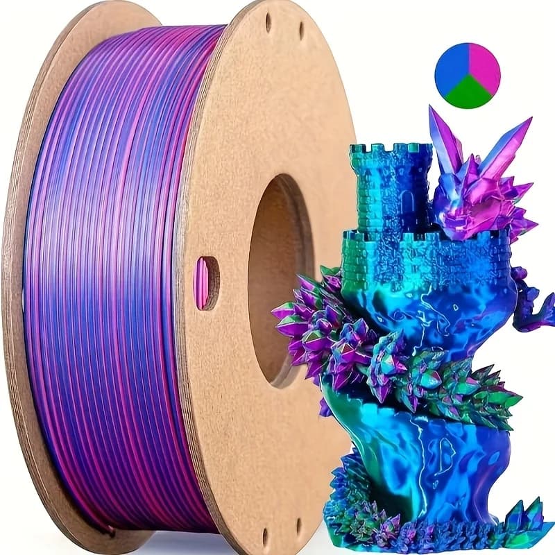 Three color PLA silk filament 250g per roll net weight, suitable for FDM 3D printers, 1.75mm si