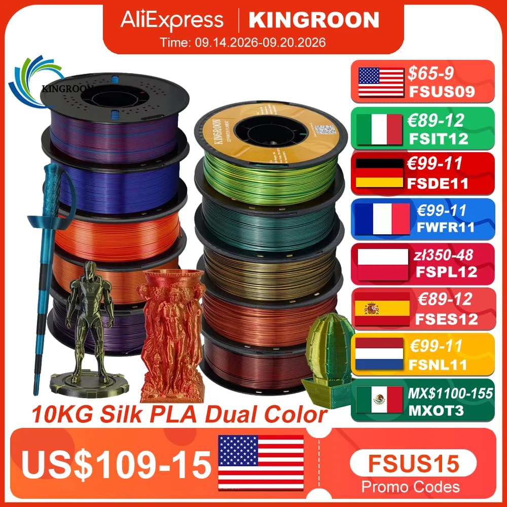 KINGROON Silk Dual-color PLA Filament 3D Printer 1.75mm 11/22 lbs Silk PLA Filament Plastic Mat