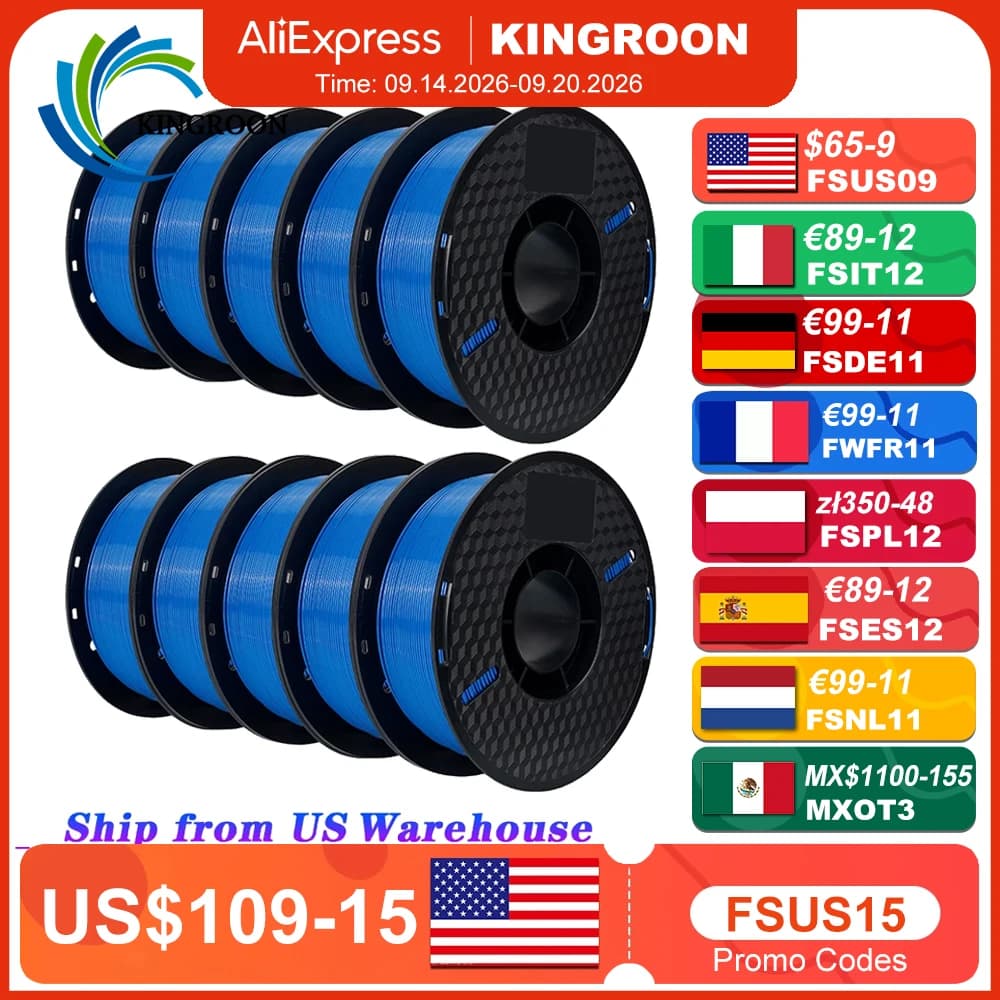 KINGROON 10KG PLA Filament PETG 3D Filament 1.75mm For 3D Printer Filament 10 Rolls/Set Mixed C