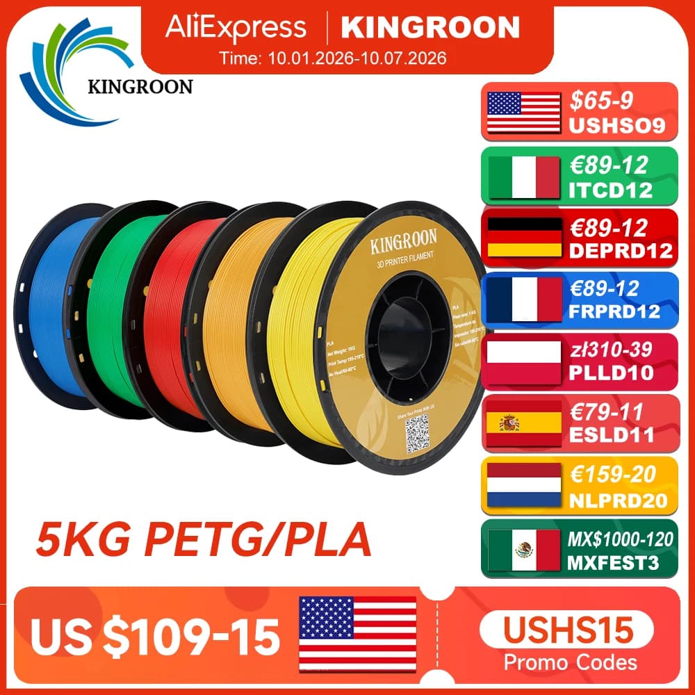 KINGROON 5KG PLA TPU PETG Filament Mix Color 1.75mm 3D Printer Plastic No Bubble Spool 3D Print