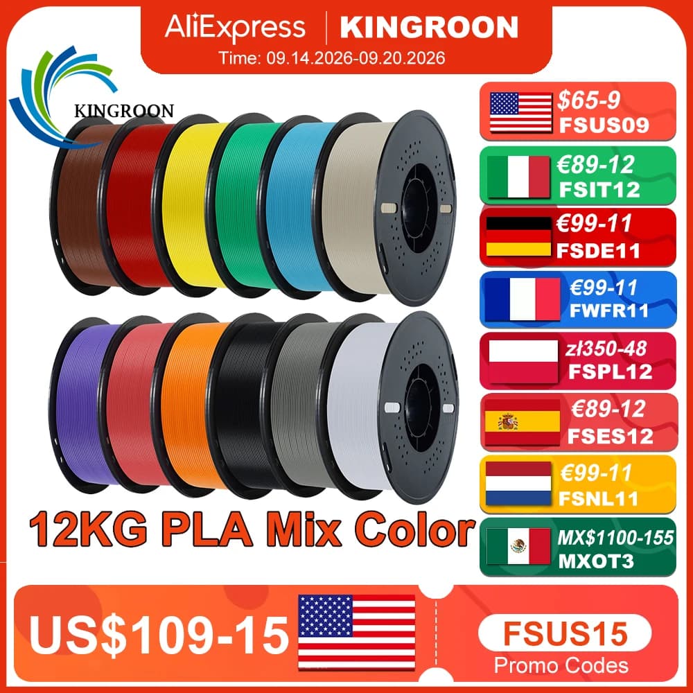 KINGROON 10KG/22LBS Multicolor PLA Filament 1KG/Roll 1.75mm For 3D Printer Material for 3D Prin