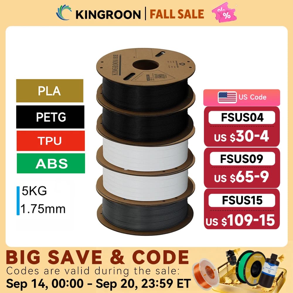 KINGROON 3D Printer Filament PLA PETG TPU ABS 5KG Bundle Black White Gray 1.75mm No Bubbles Pla